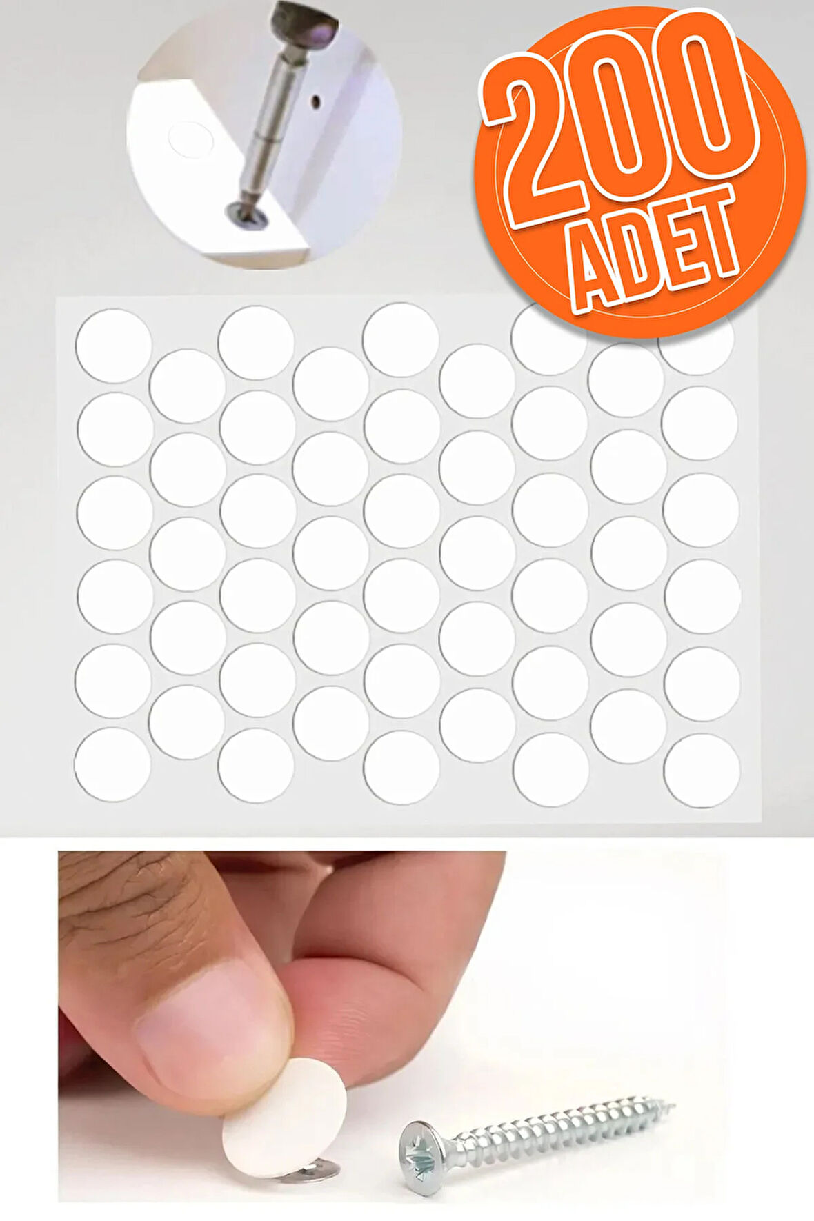 Yapışkanlı Yapıştırma Vida Tapası Tıpası Beyaz Vida Kapatıcı Kapağı (200 Adet)