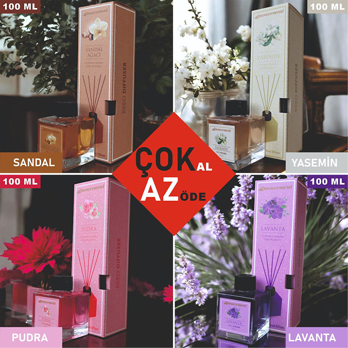 4'Lü Çubuklu 100 ml Oda Kokusu Seti Çok Al Az Öde (Sandal Yasemin Pudra Lavanta) Reed Diffuser