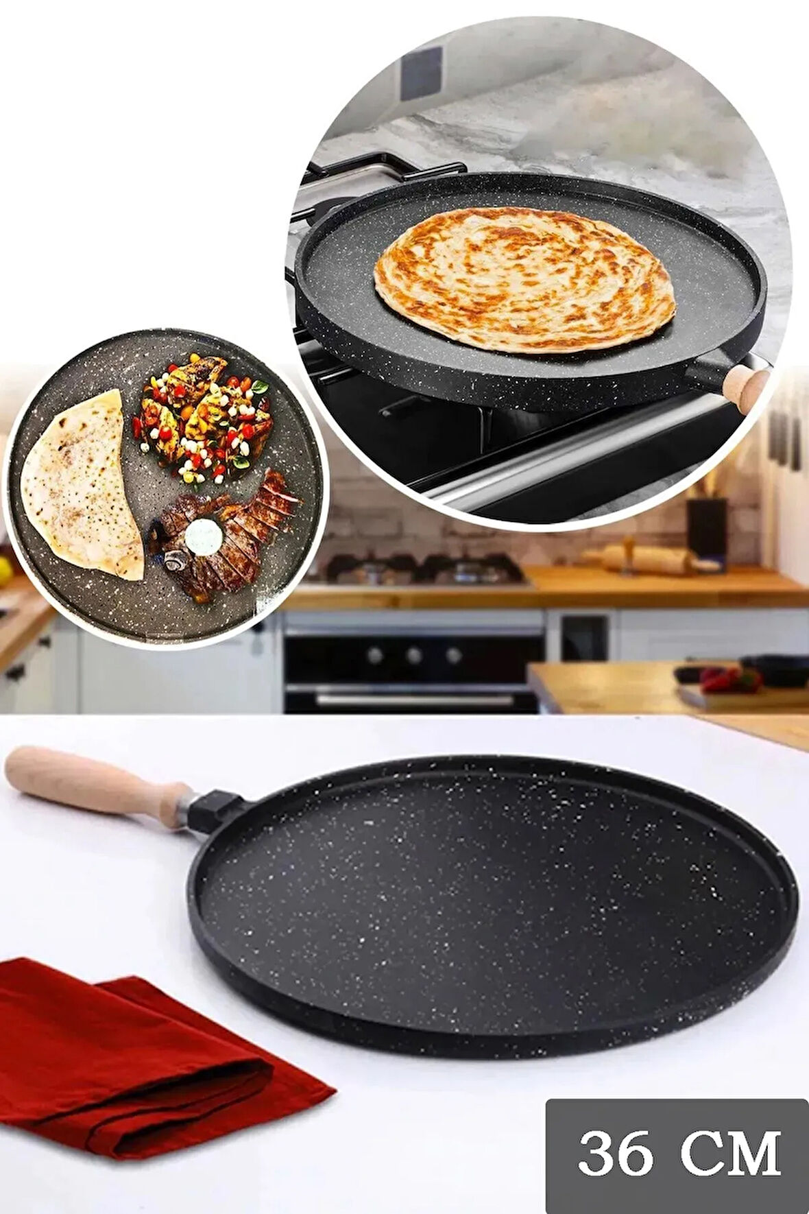 36 cm Meşe Saplı Granit Gözleme Tavası - Izgara Pizza Krep Tavası