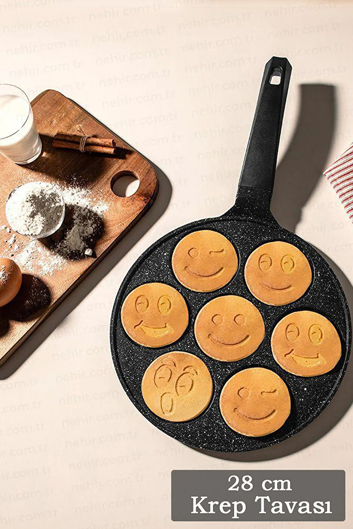 28 cm Granit Gülen Yüz Krep Tavası - Yüz Emojili Pankek Hamur Tava