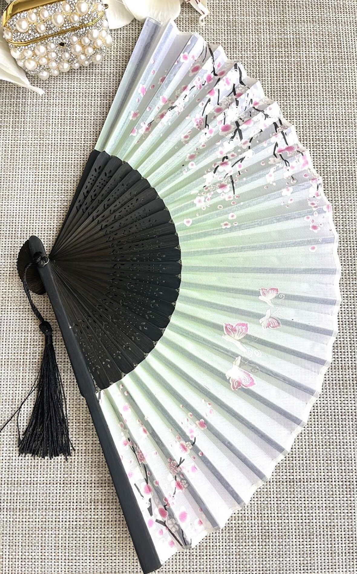 Yelpaze Sakura Çiçekli Pembe Bambu Kumaş Yelpaze A507
