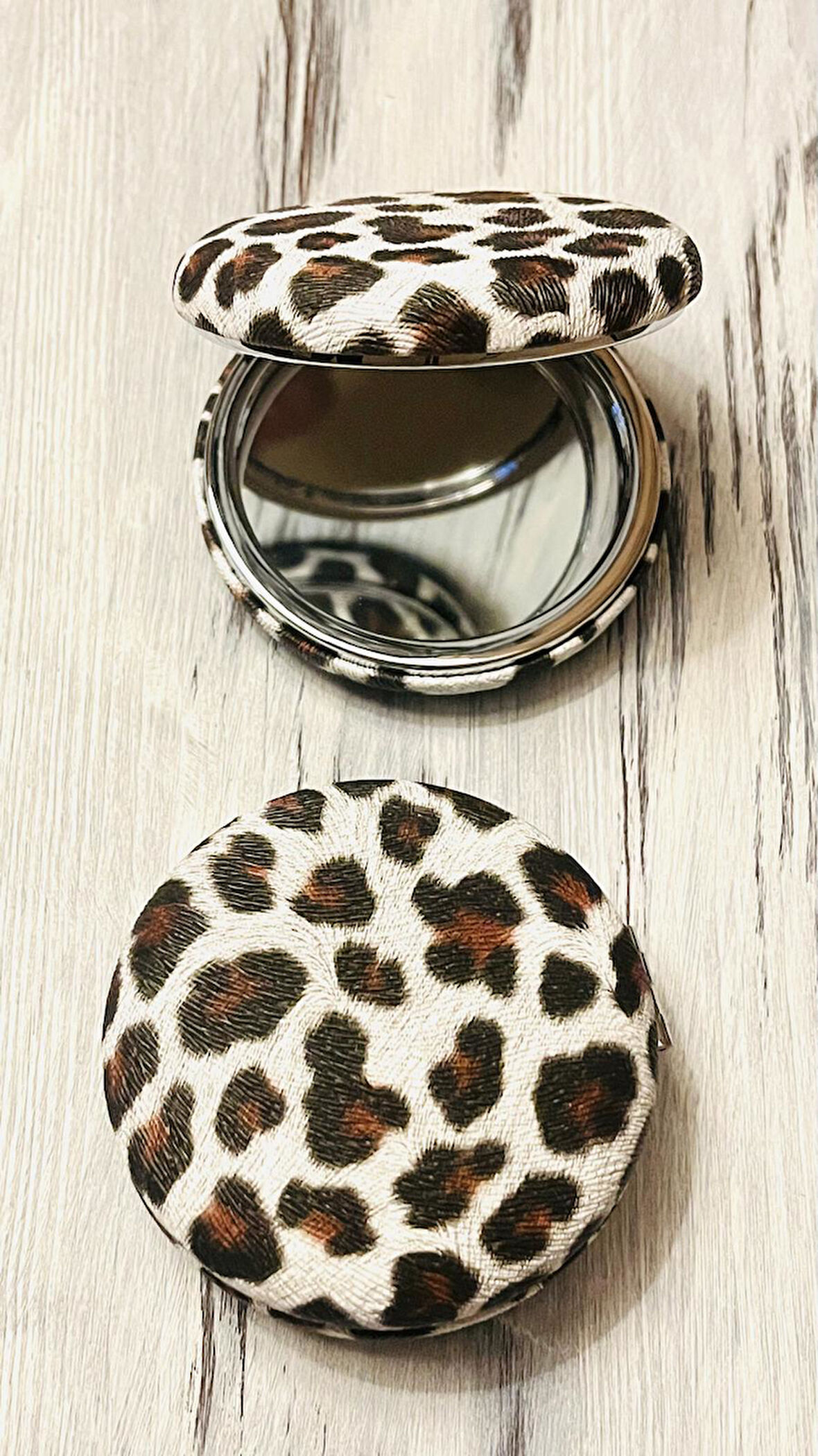 Leopar Desenli El Aynası, Cep, Çanta, Makyaj Aynası KAHVERENGİ