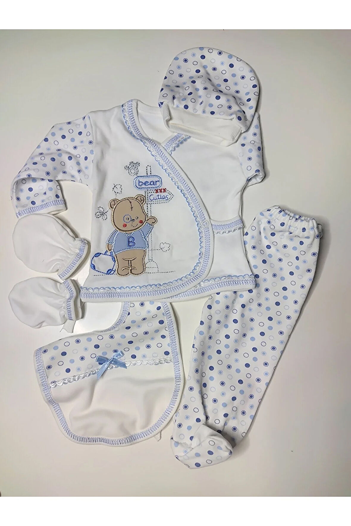 Çantalı ayı nakışlı 5 li set mavi