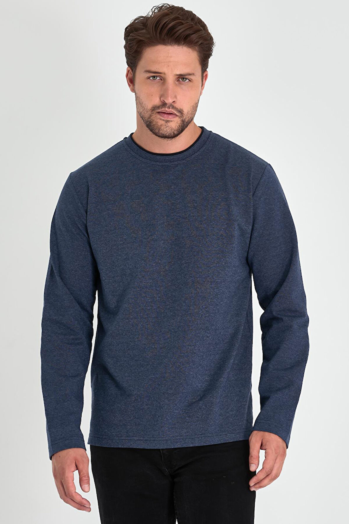 Erkek İndigo Çift Bisiklet Yaka Standart Rahat Kesim sweatshirt