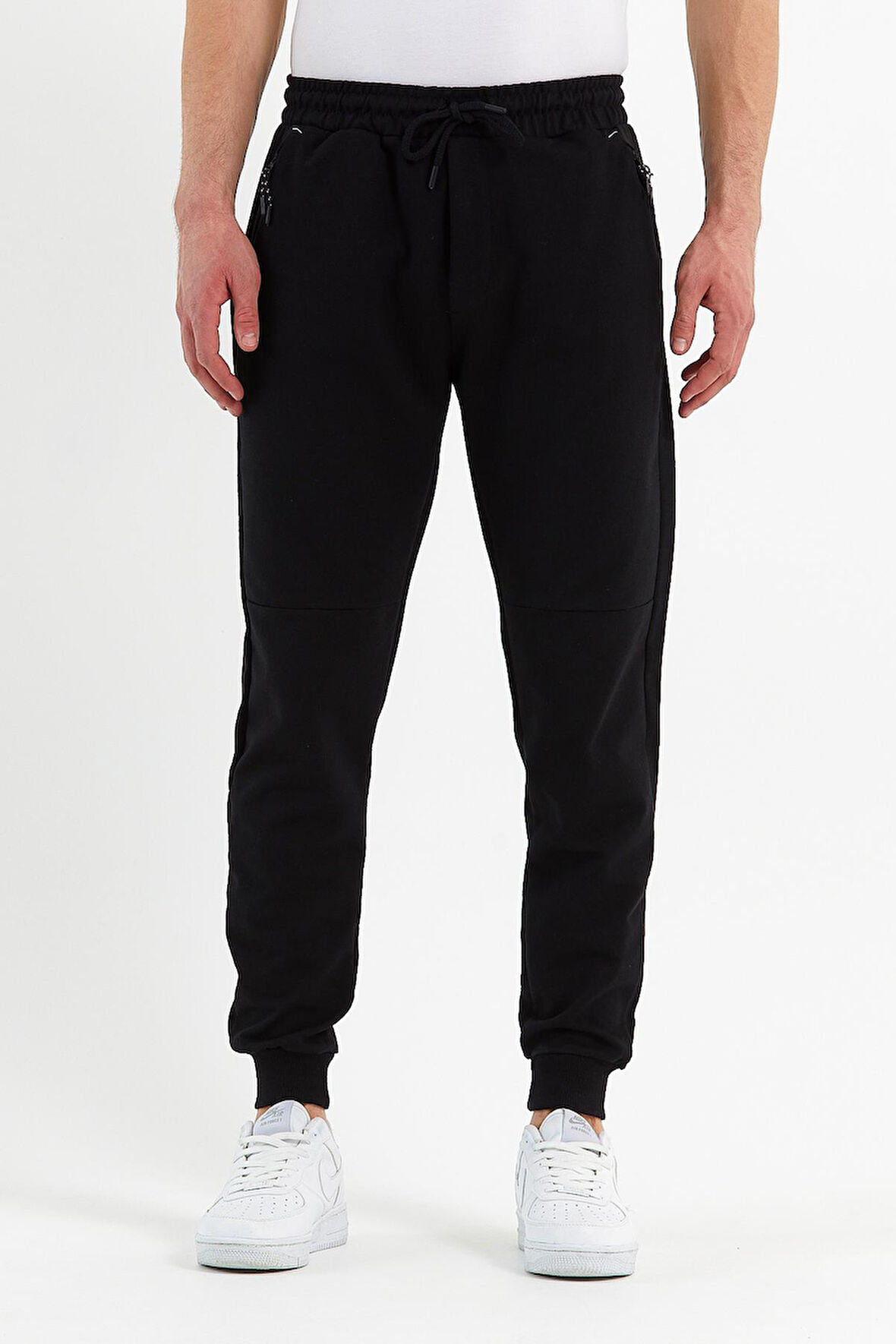 COMEOR Erkek Siyah Slim Fit Jogger Cep Nakış Fermuar Detaylı Eşofman Altı 