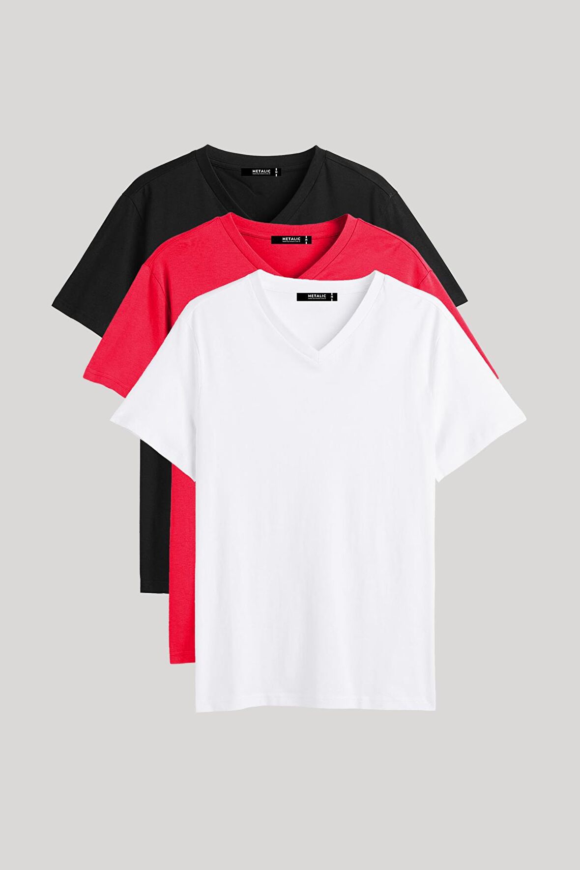 METALIC Erkek Çok Renkli T- Shirt Regular Fit Rahat Kesim V Yaka 3'lü Basic Tişört Paketi