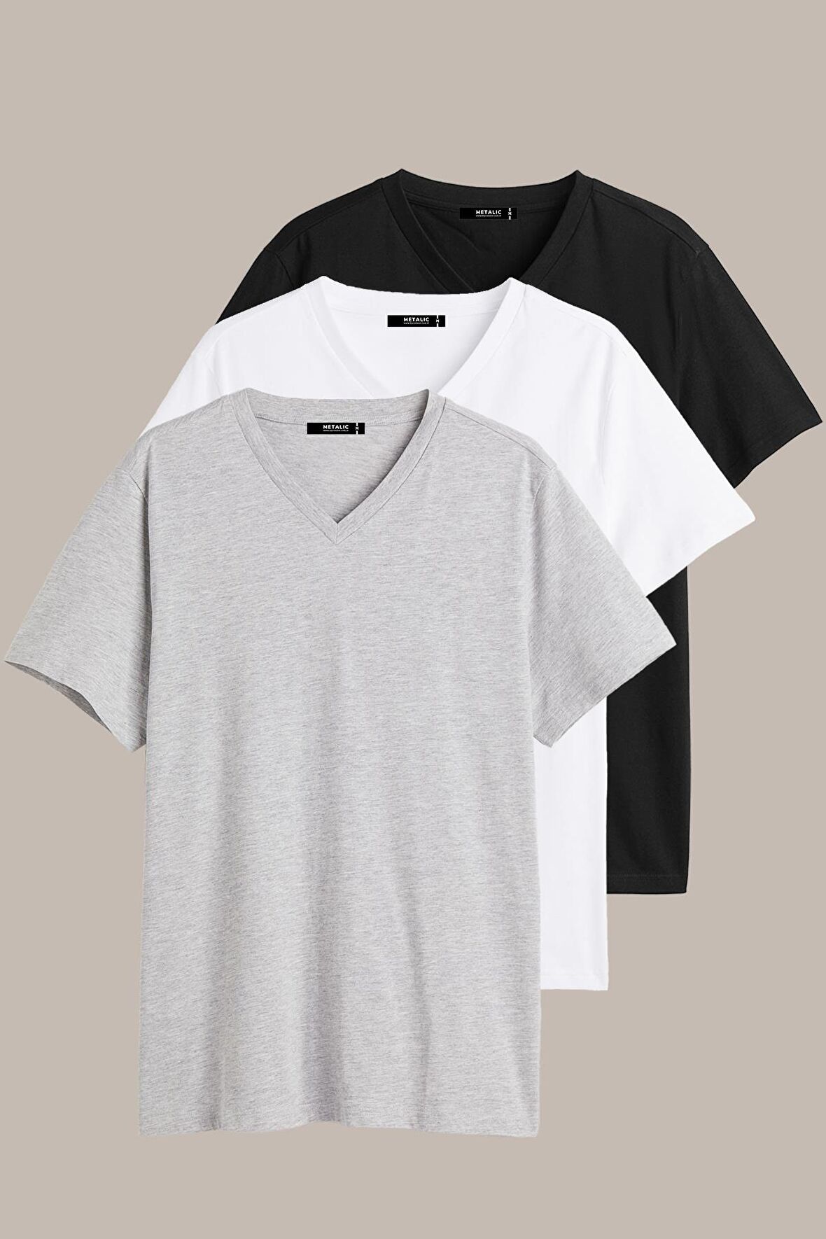 METALIC Erkek Çok Renkli T- Shirt Regular Fit Rahat Kesim V Yaka 3'lü Basic Tişört Paketi