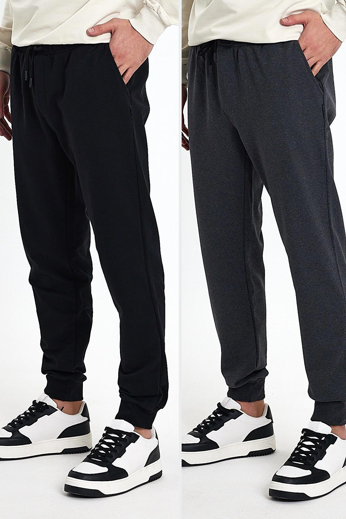 Erkek Siyah-Gri Arka Cep Etiket Detaylı Paça Lastikli Regular Fit 2'Li Eşofman Altı