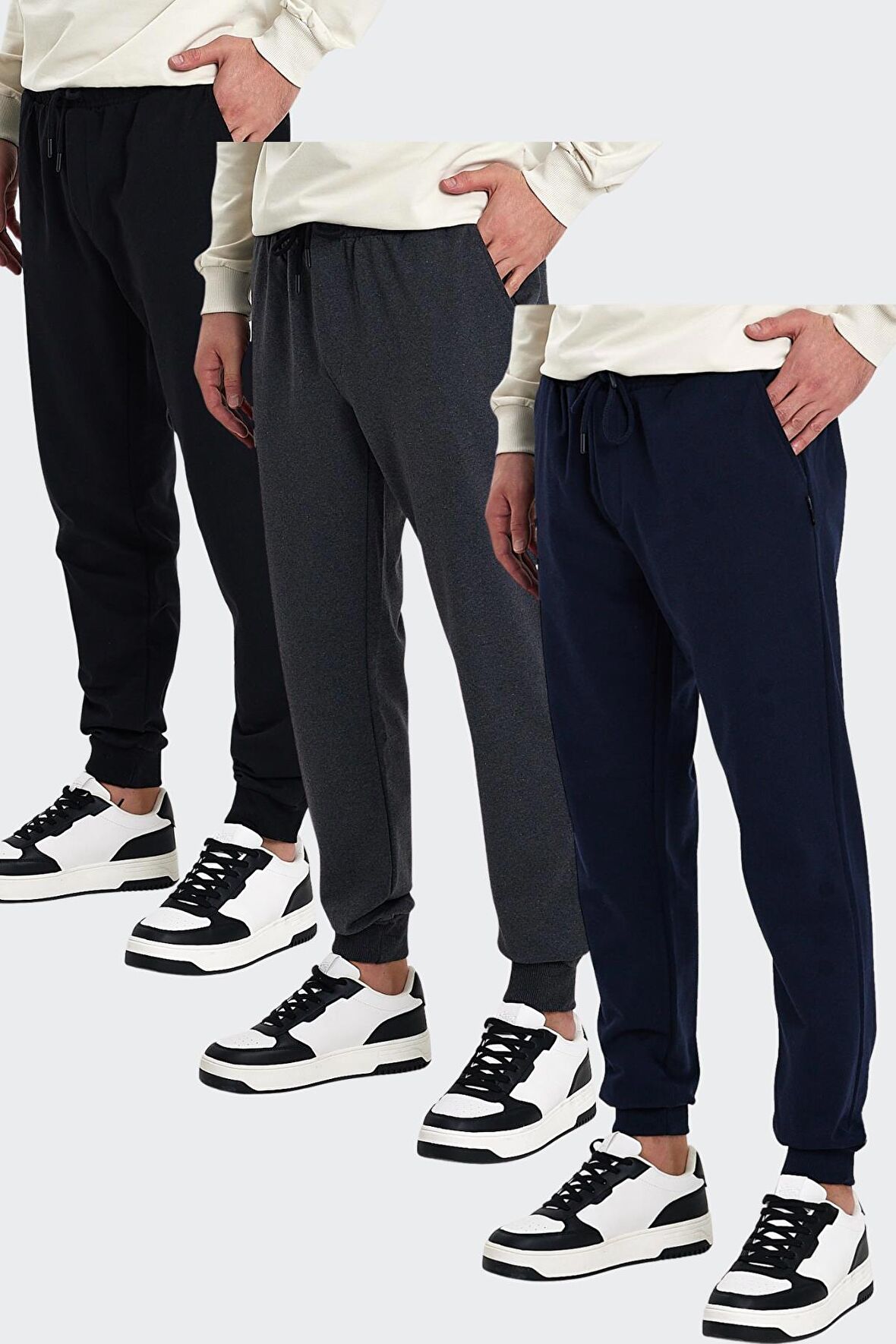 Erkek Siyah-Lacivert-Antrasit Arka Cep Etiket Detaylı Paça Lastikli Regular Fit 3'Lü Eşofman Altı