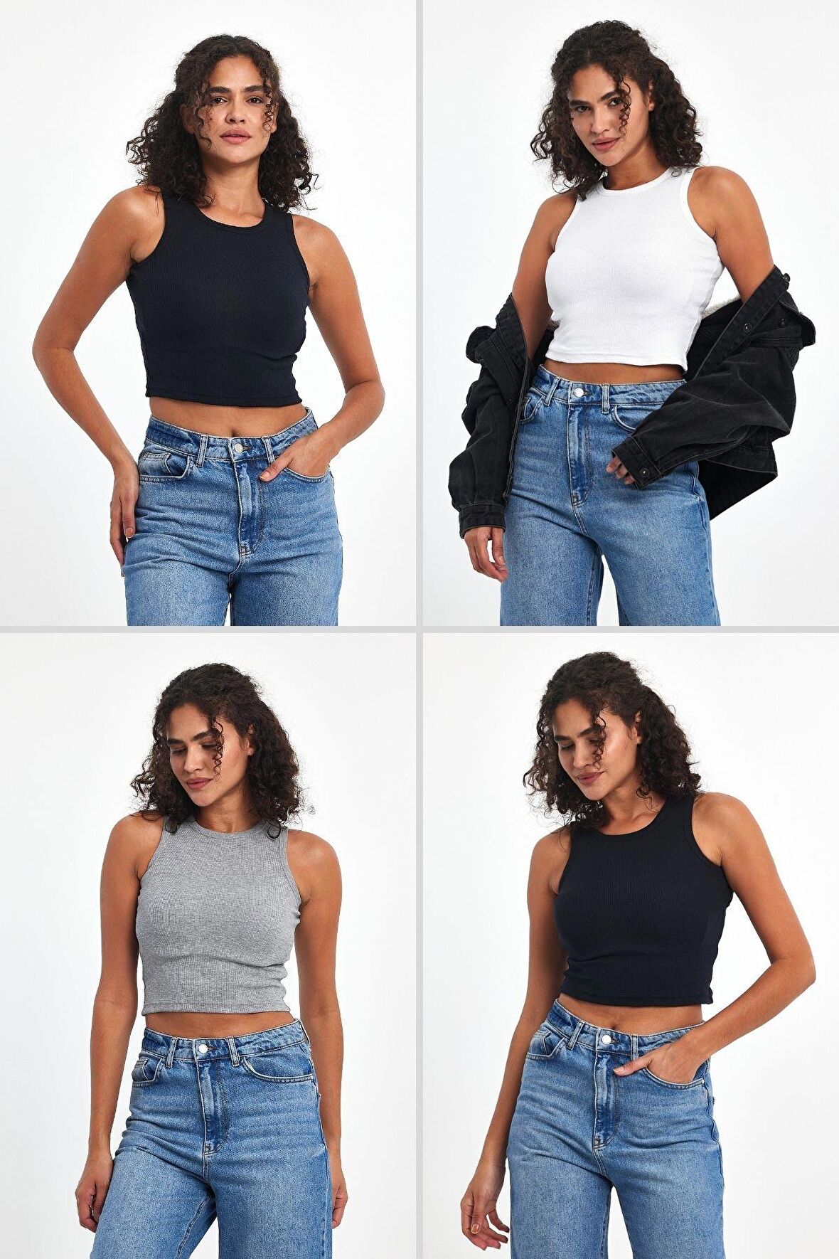 Kadın Siyah-Beyaz-Gri-Lacivert Fitilli Görünümlü Askılı Kalın Esnek Örme 4'lü Basic Crop Atlet Bluz