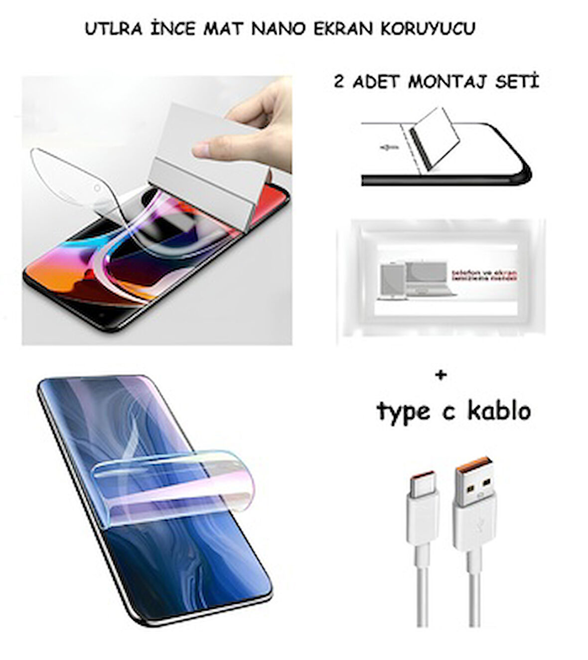 HONOR 8C Nano Ekran Koruyucu Ultra İNCE Esnek MAT Şeffaf + Type C Kablo