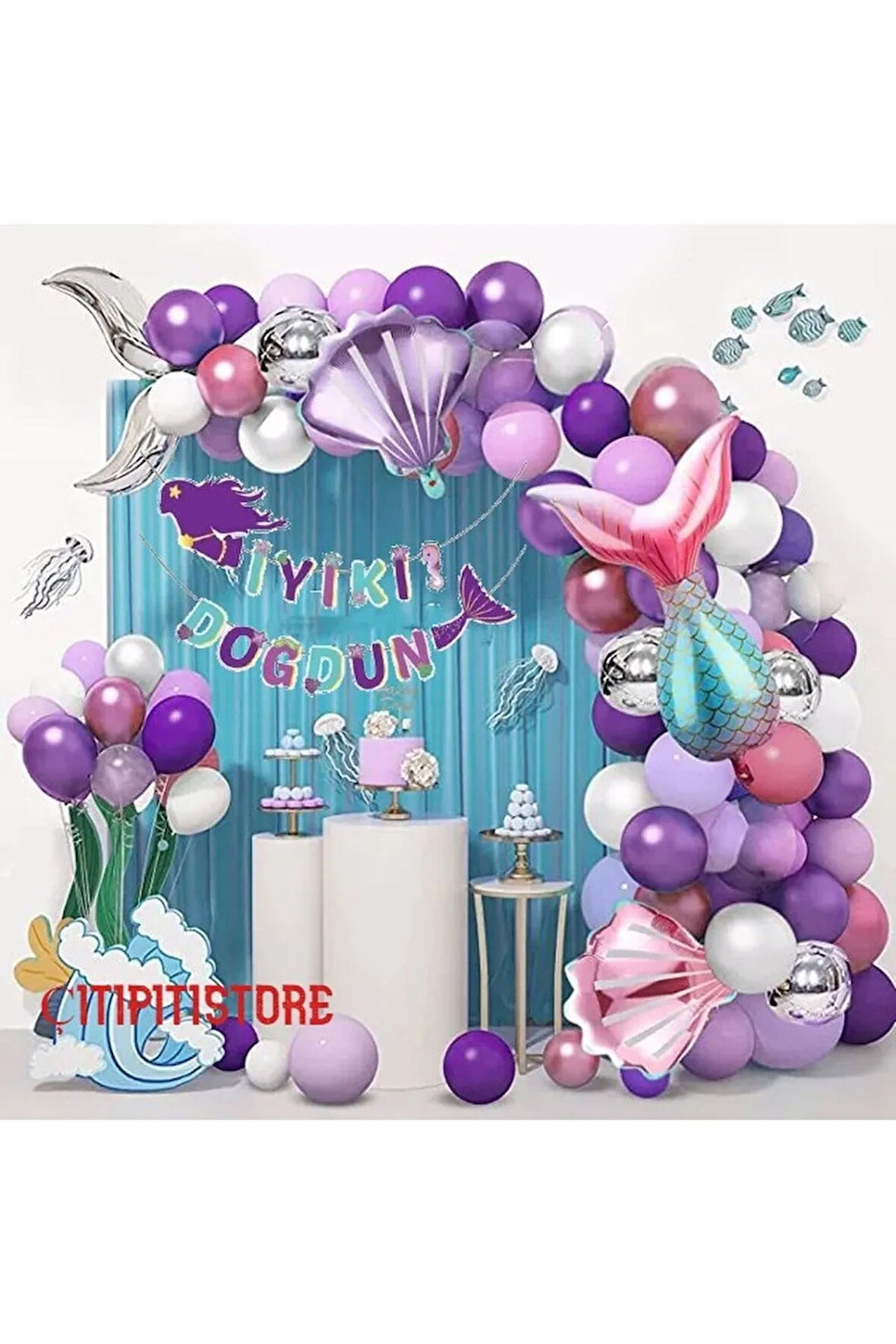 Çıtıpıtıstore Deniz Kızı Lüks Doğum Günü Set Midye Kuyruk Folyo