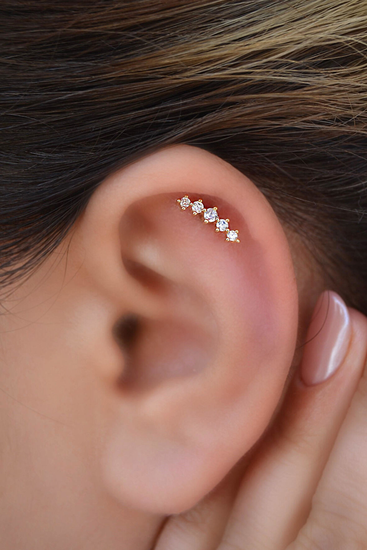 Sıralı Taşlı Helix Piercing Kıkırdak Tragus Lob Conch Piercing Taş Detaylı