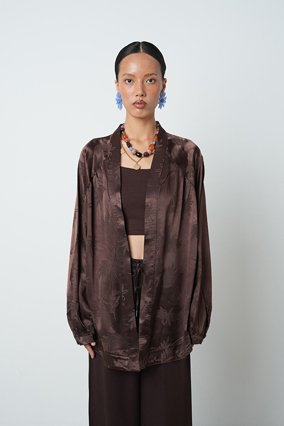 Kadın Kahverengi Yaprak Desenli Oversize Kesim Tesettür Kimono