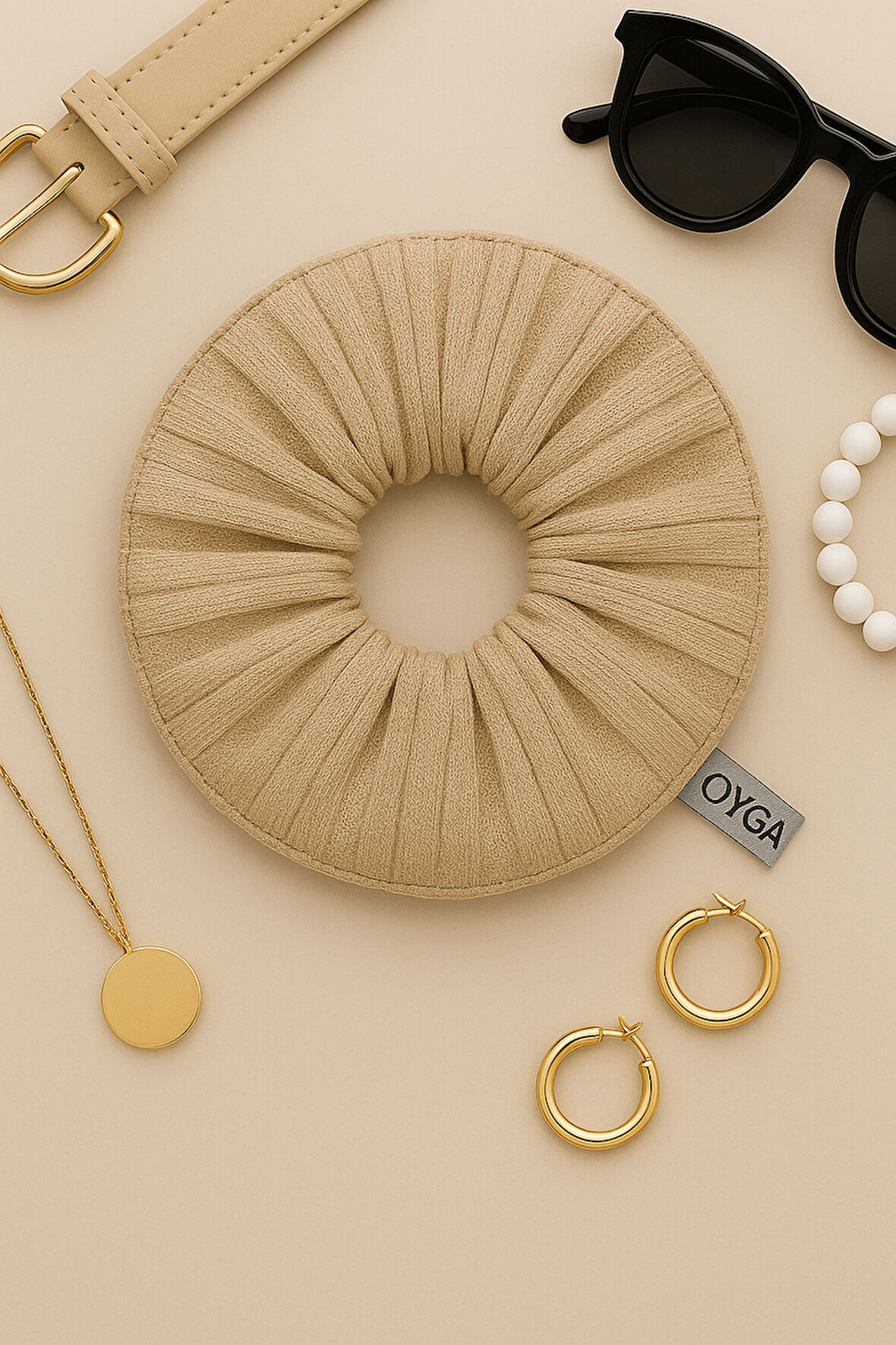 OYGA Krem Fitilli Ribana Saç Tokası – Dış Dikiş Detaylı, Yumuşak Lastikli Scrunchie