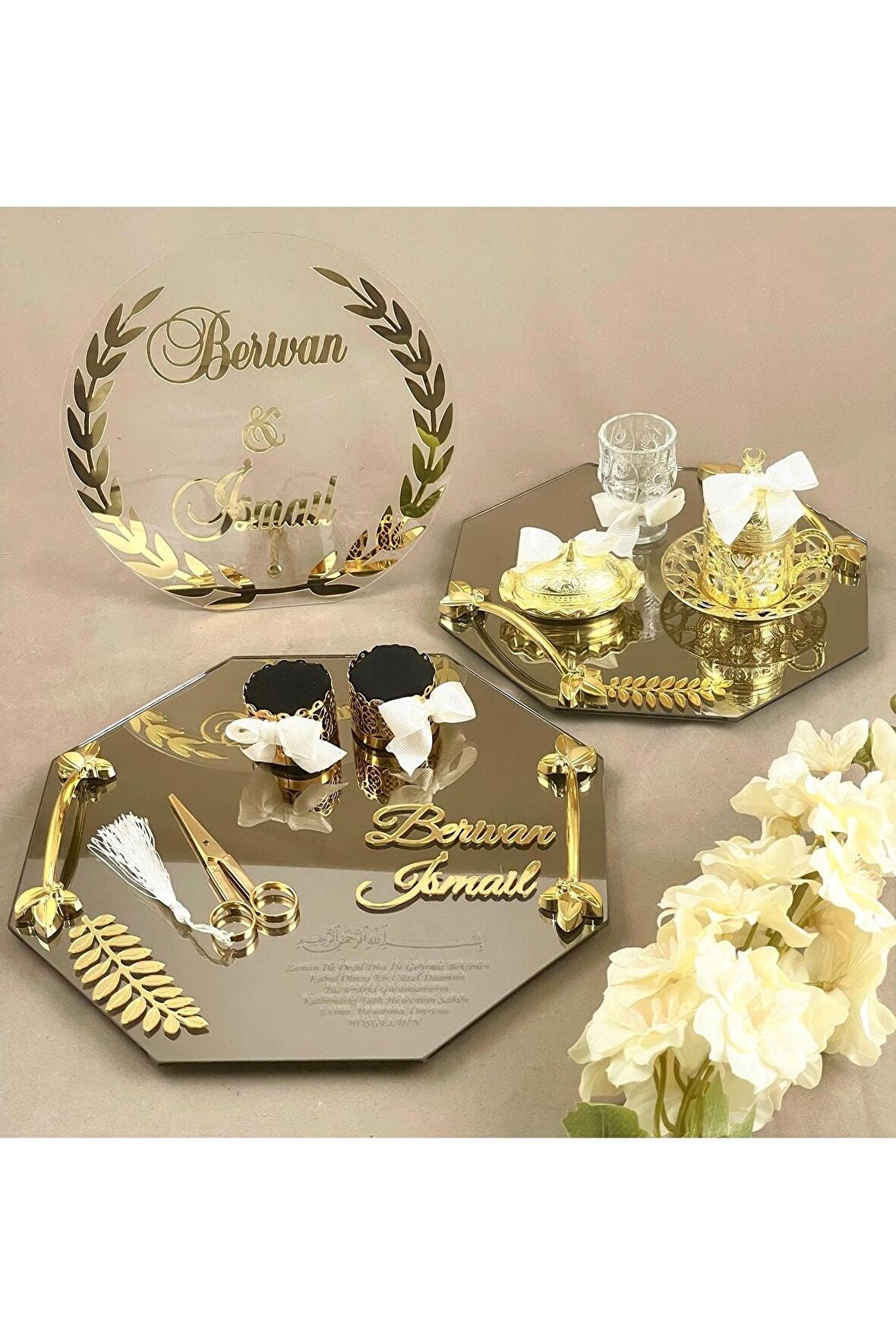 Söz Nişan Tepsisi Gold , Damat Kahve Tepsi,isimlik Nişan Set