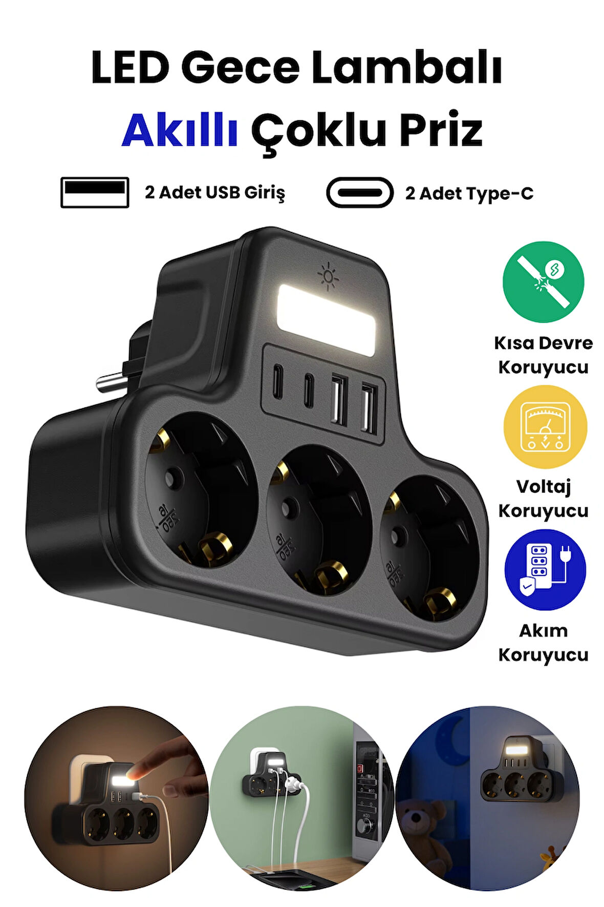 akım korumalı priz gece lambalı 3'LÜ Priz 2XUSB 2XType-C Çıkışlı Grup Priz Çoğaltıcı