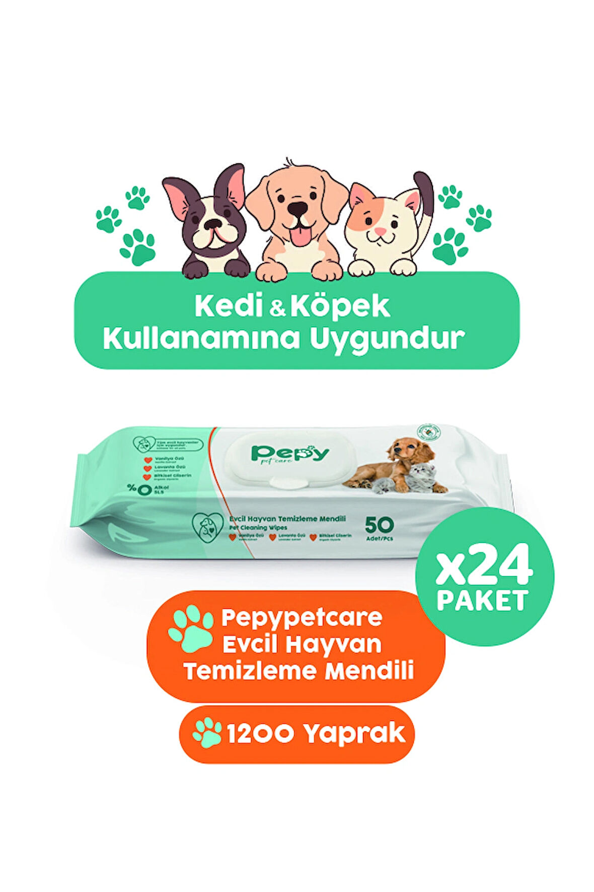 Kedi Ve Köpek Kullanımına Uygun Evcil Hayvan Temizleme Mendili 24 paket 1200 Adet