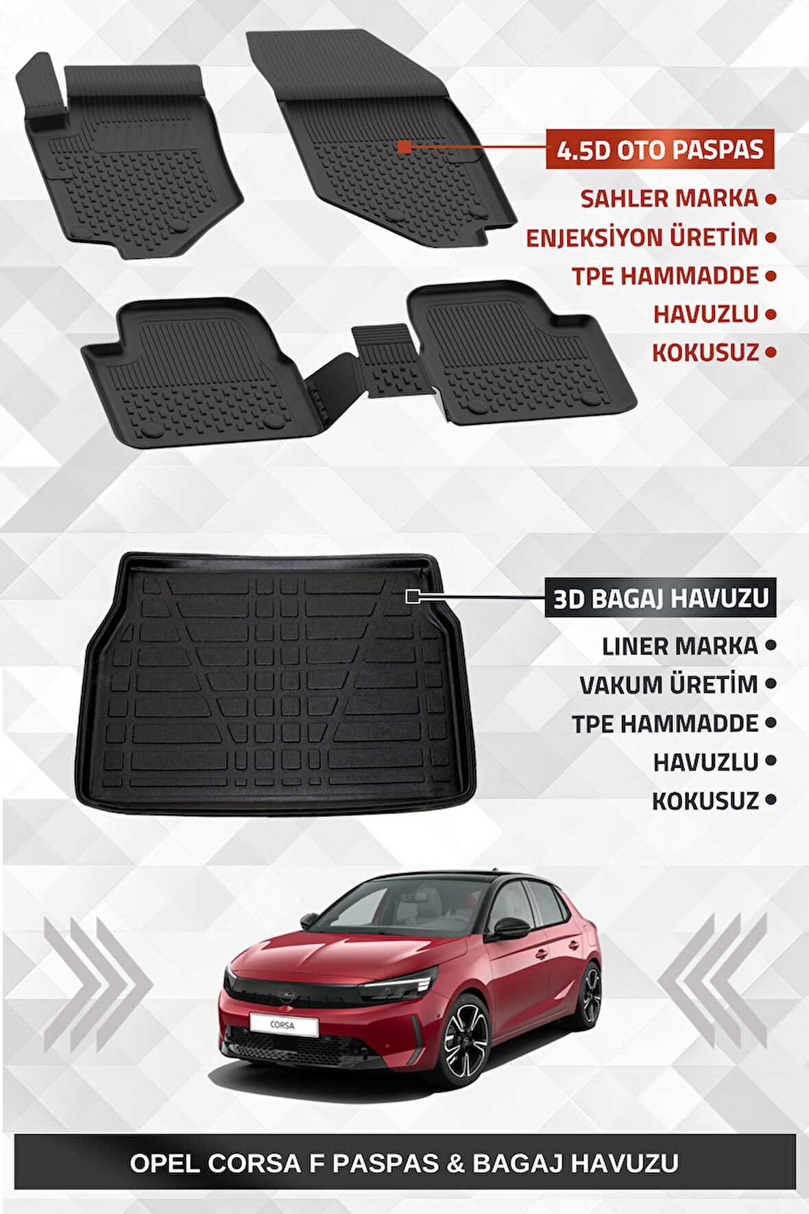 Sahler Opel Corsa F 2020+ Uyumlu 4.5D Premium Havuzlu Oto Paspas ve Liner Marka 3D Bagaj Havuzu