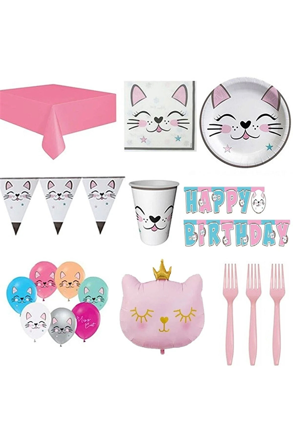 Mıss Catt Folyo Balonlu Kedi Temalı Doğum Günü Seti 8 Kişilik