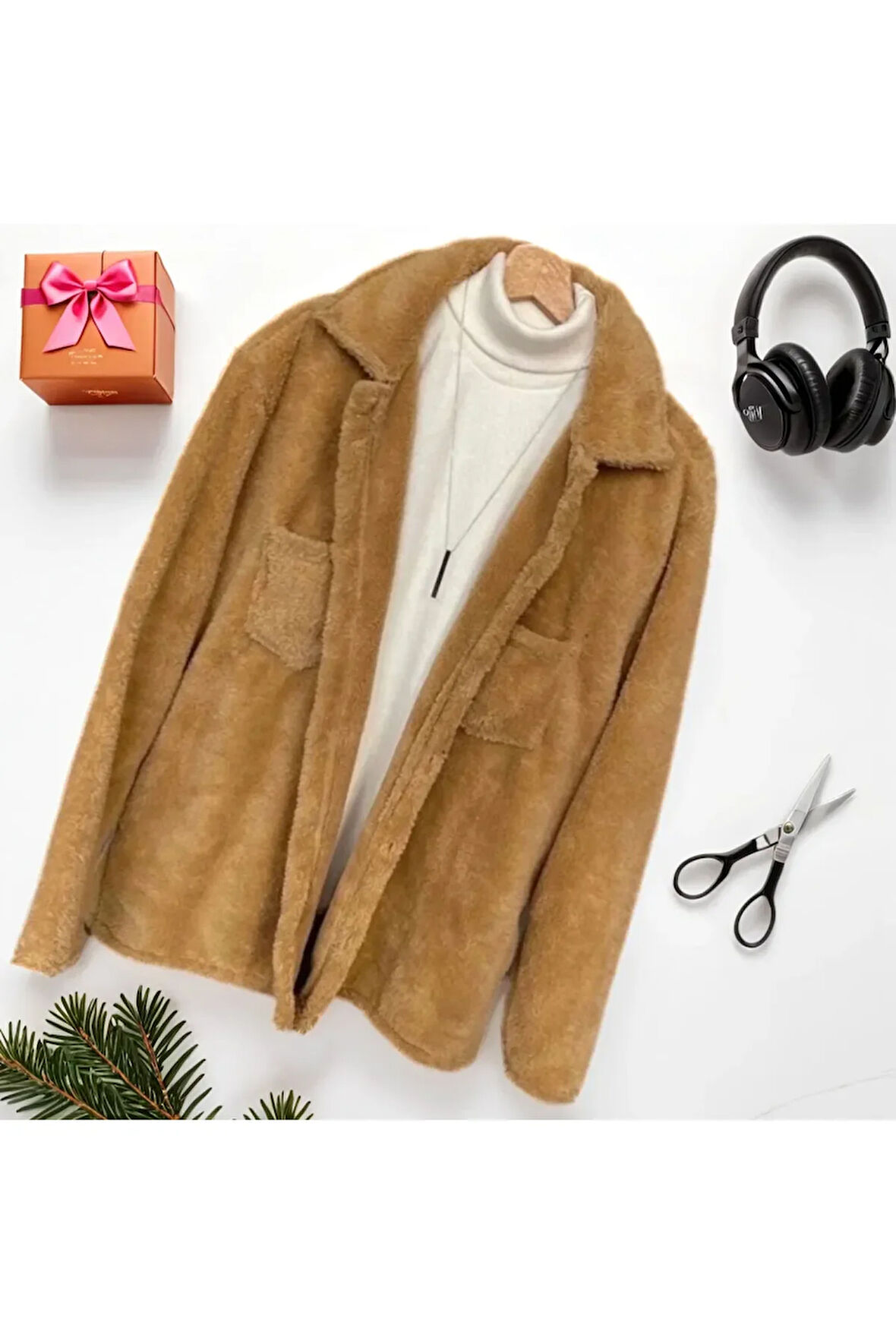 Unisex,  Düğmeli, Gömlek Yakalı Polarlı Peluş Ceket