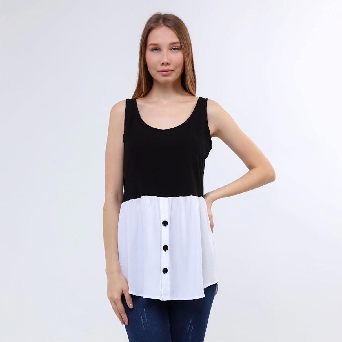 DRR Moda Sıfır Kol Garnili Tunik / Bluz