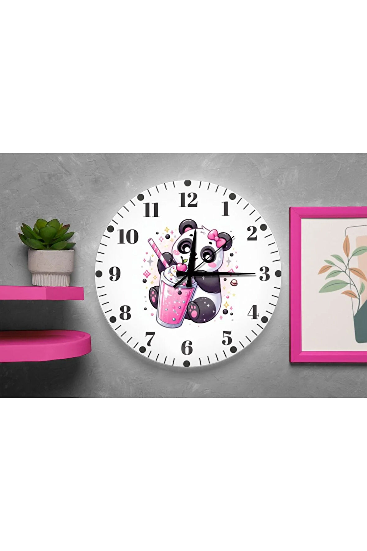 Kız Çocuk Odası İçin Pembe Panda Tasarımlı Sessiz Duvar Saati