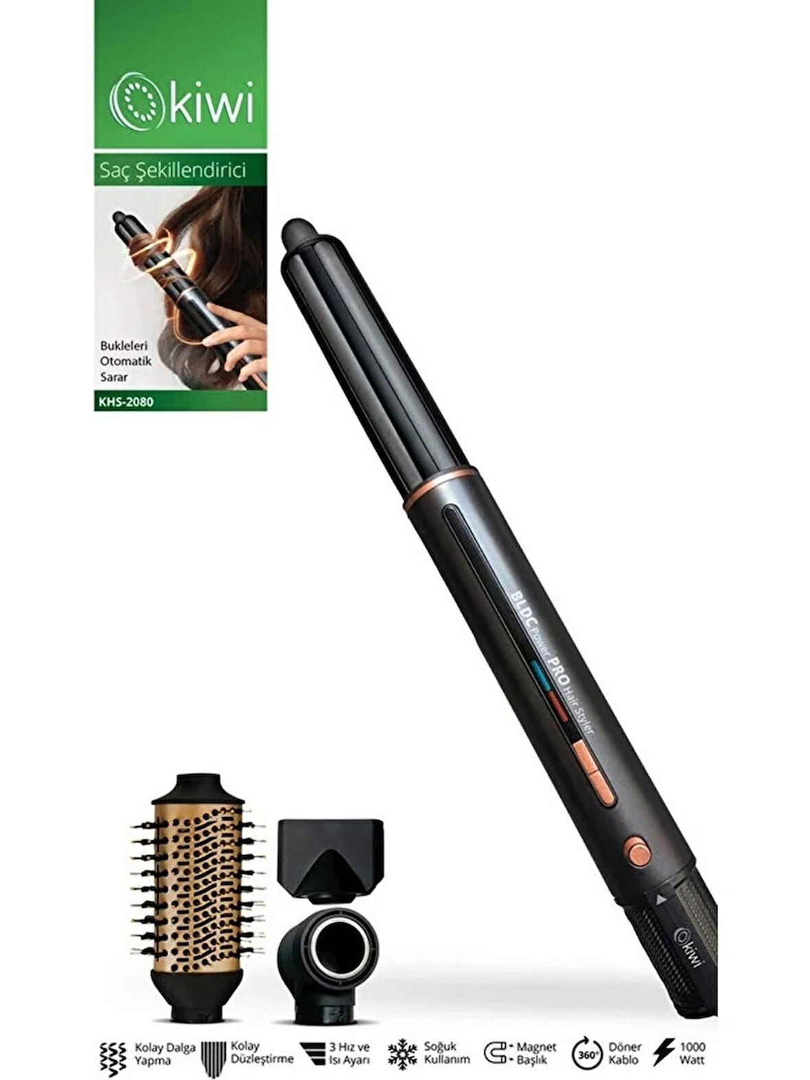 kiwi  Khs-2080 Hava Üflemeli Saç Şekillendirme ve Kurutma Seti, BLDC Motor, 3Isı+3Hız+Soğuk Hava
