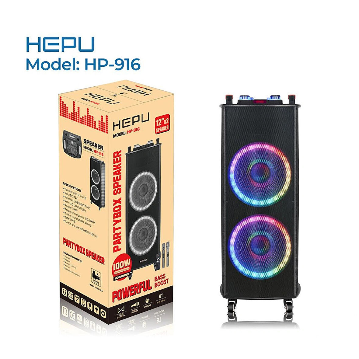 HEPU HP 916 Taşınabilir Şarjlı Bluetooth Büyük Boy Parti Hoparlörü 100w Rms 2*12 inc Woofer