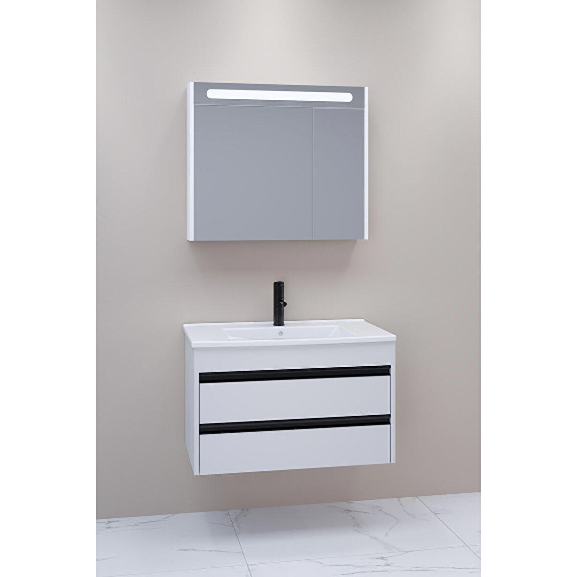 Levante 85 Cm Beyaz Lavabolu Banyo Dolabı Npl Aynalı - Boy Dolap Hariç