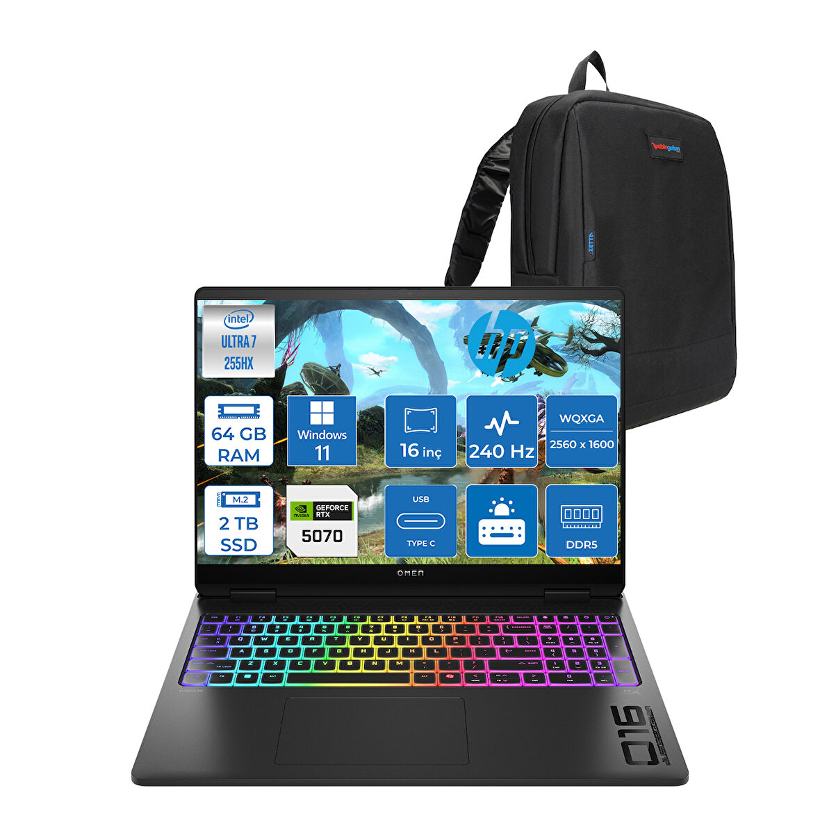 Hp Omen Max 16-AH0021NT Intel Core Ultra 7 255HX 64GB Ddr5 2tb SSD 8gb Nvıdıa RTX5070 16 Inç 500NITS 2k Wqxga 240Hz 3ms IPS Windows 11 Pro Siyah OB92QXEAP14 + Zetta Çanta