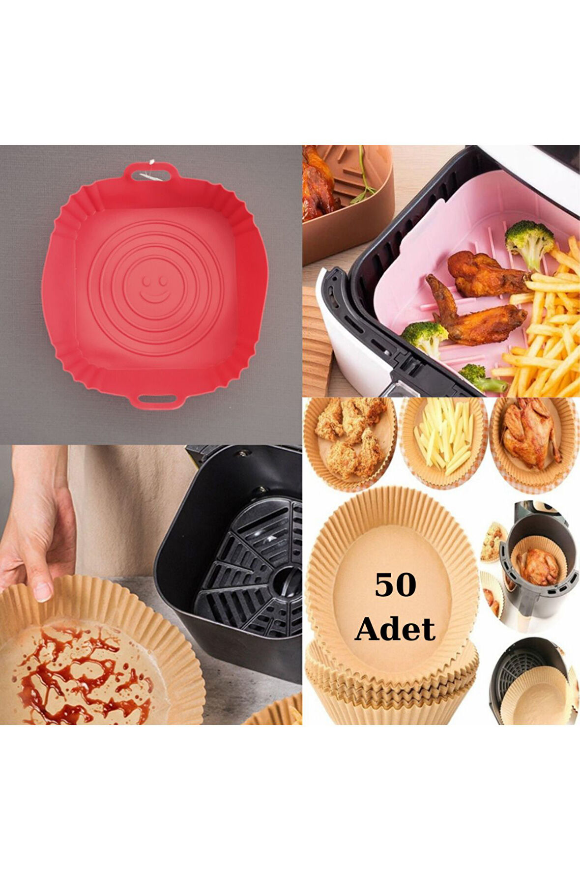 AİRFRYER SİLİKON KARE PİŞİRME KABI KIRMIZI+50 ADET TEK KULLANIMLIK PİŞİRME KAĞIDI XL-XXL TABAK