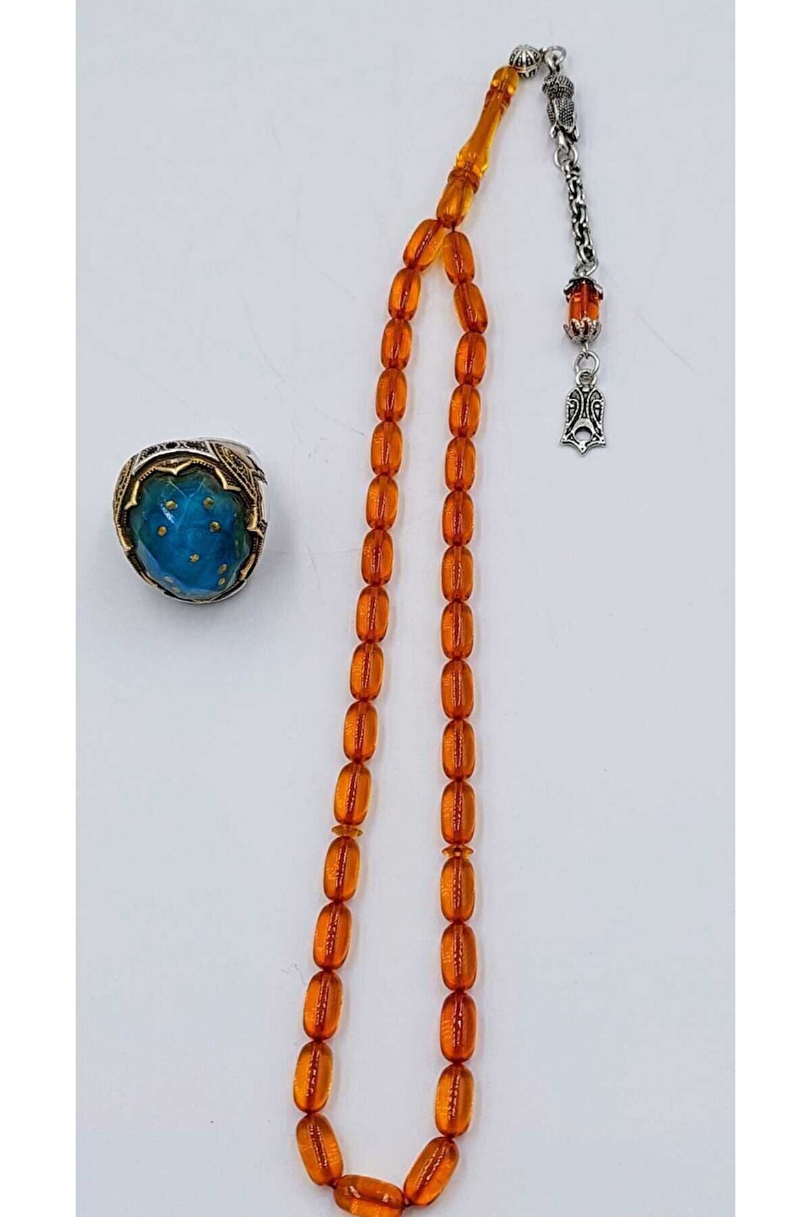 Turuncu Kapsül Kesim Alpaka Püskül Kehribar Tespih (AHŞAP KUTULU)