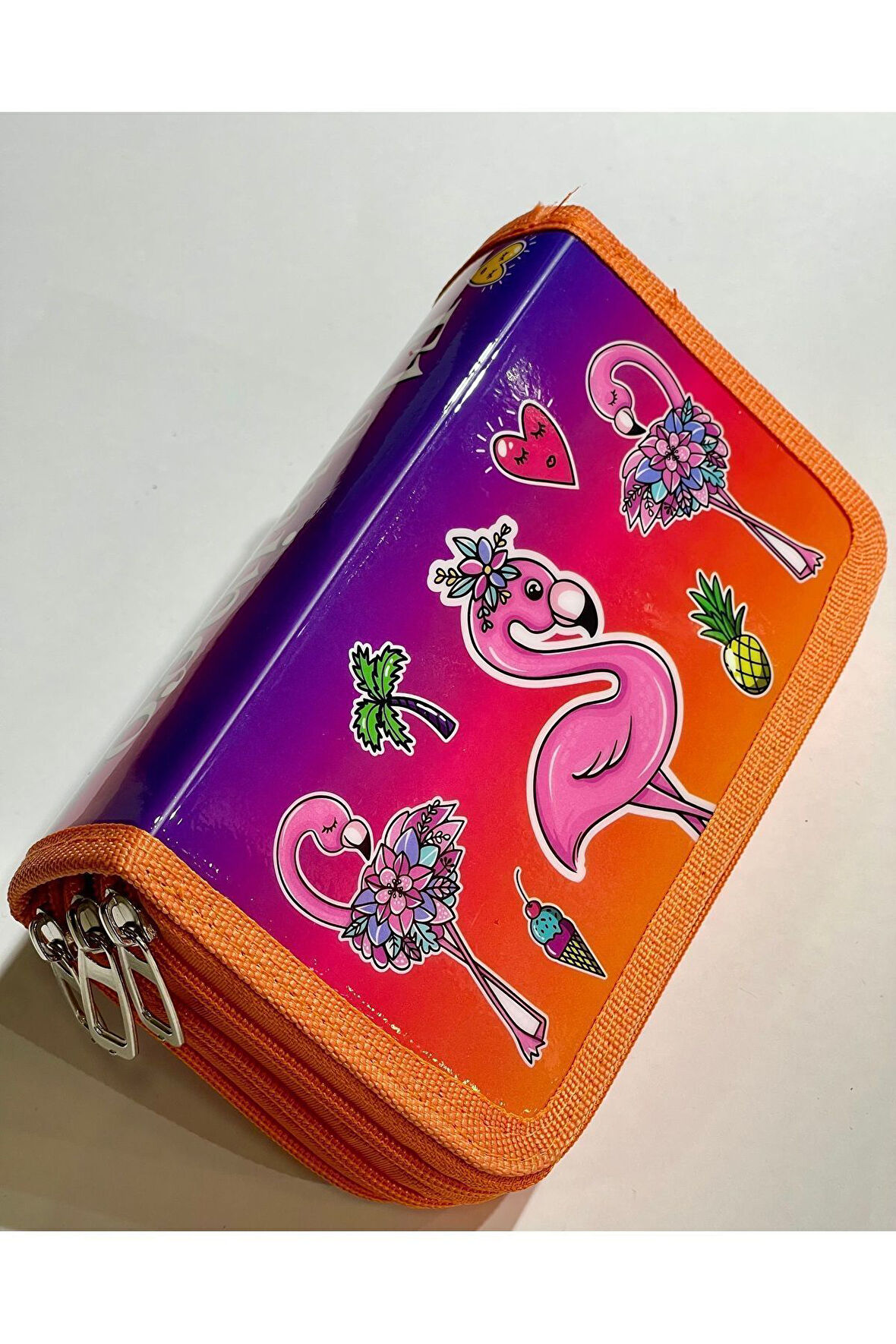 Cappi Bag Turuncu Pembe Flamingo 3 Fermuarlı Bölmeli Kız Çocuk Okul Kalem Kutusu 19x11x6cm