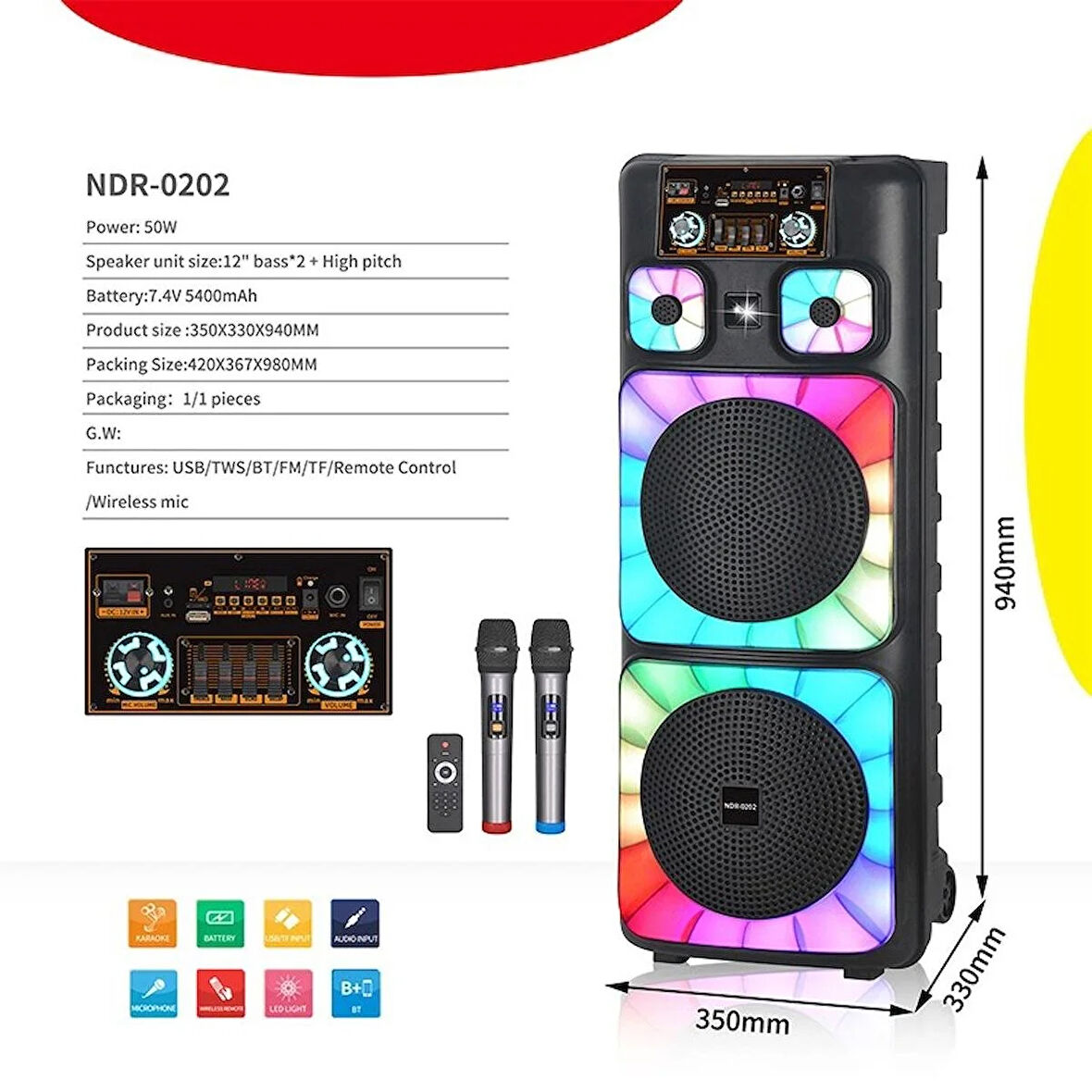 NDR Boomboxtr NDR-0202 2*12 İnc Taşınabilir Büyük Boy Bluetooth Parti Hoparlörü Amfi Özellikli