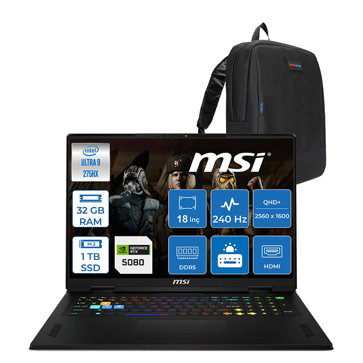 Msı Vector 18 Hx Aı A2XWIG Intel Core Ultra 9 275HX 32GB Ddr5 1tb SSD Freedos 175W RTX5080 12GB 18 Inç 2K(2560×1600) Qhd+ 240Hz Taşınabilir Bilgisayar 666XTRF17 + Zetta Çanta