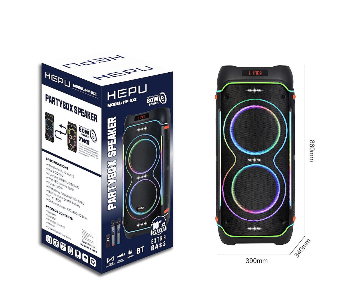 HEPU HP 102 Taşınabilir Şarjlı Bluetooth Hoparlör 80 Rms 2*10 İnc Woofer