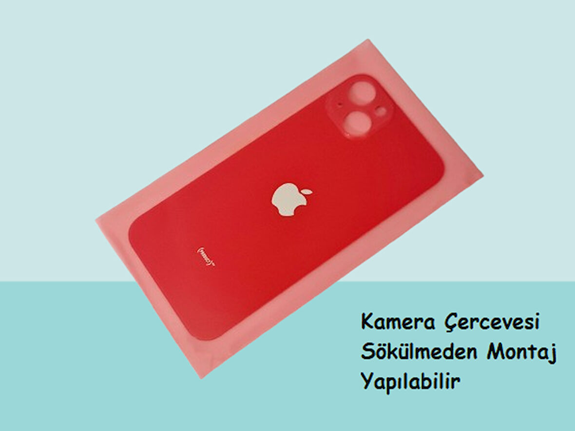 Tkgz - iPhone 14 Arka Pil Batarya Kapağı - Cam kapak Geniş Lens Deliği - KIRMIZI