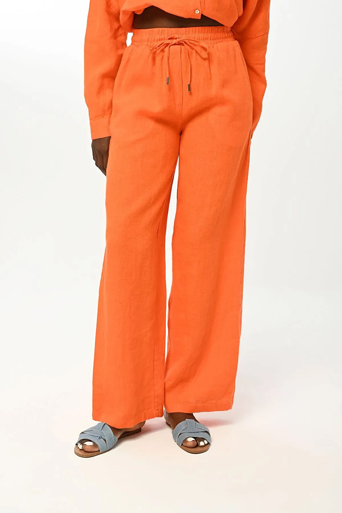 KADIN BELİ LASTİKLİ BOL PAÇA DÜZ RENK KETEN PANTOLON