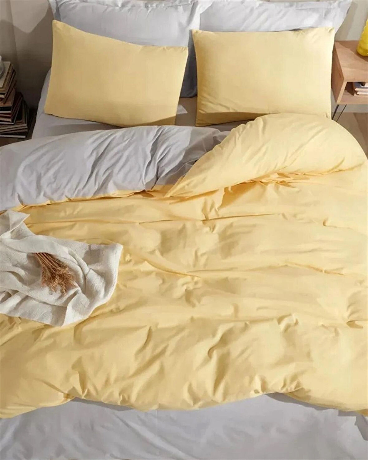 More Home  Lastikli Çarşaf  Çift Kişilik Nevresim Takımı Gri Sarı