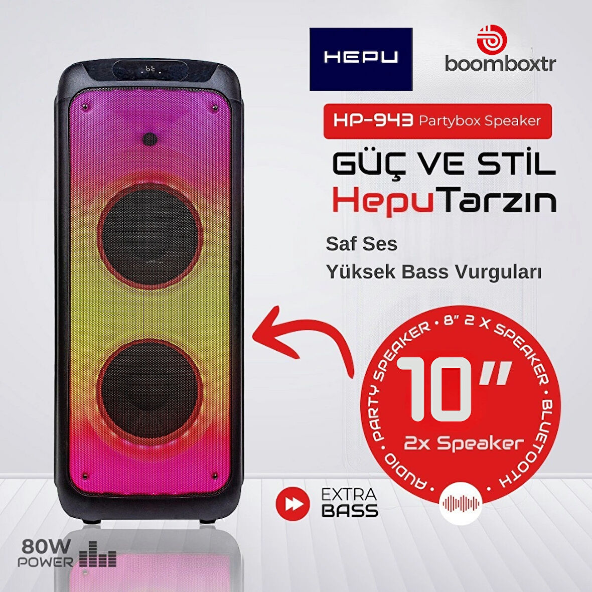 HEPU HP 943 Taşınabilir Şarjlı Bluetooth Parti Hoparlörü 2*10 inc Woofer 80 w Rms Ultra Bass