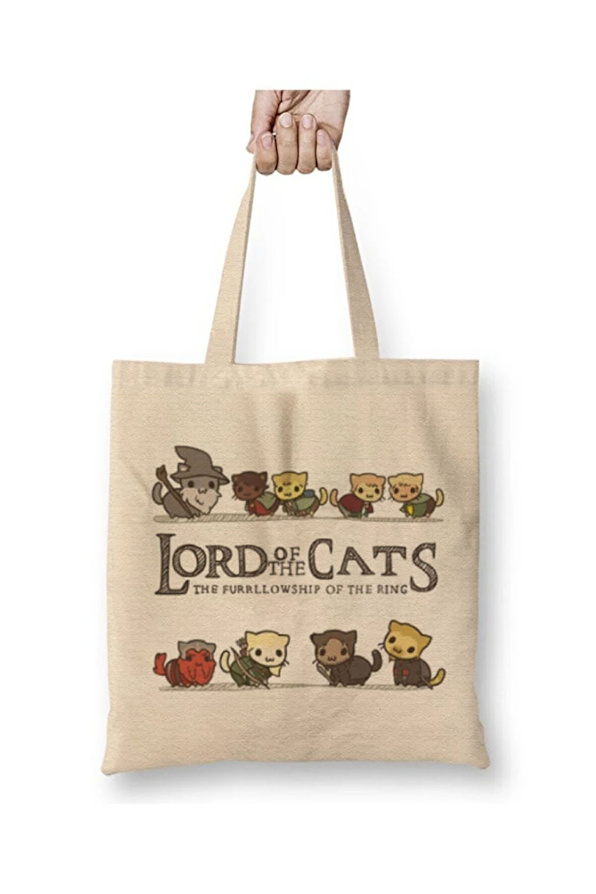 Lord Of The Rings Cats Kediler Beyaz Bez Çanta Uzun Saplı Alışveriş Çantası Plaj Çantası