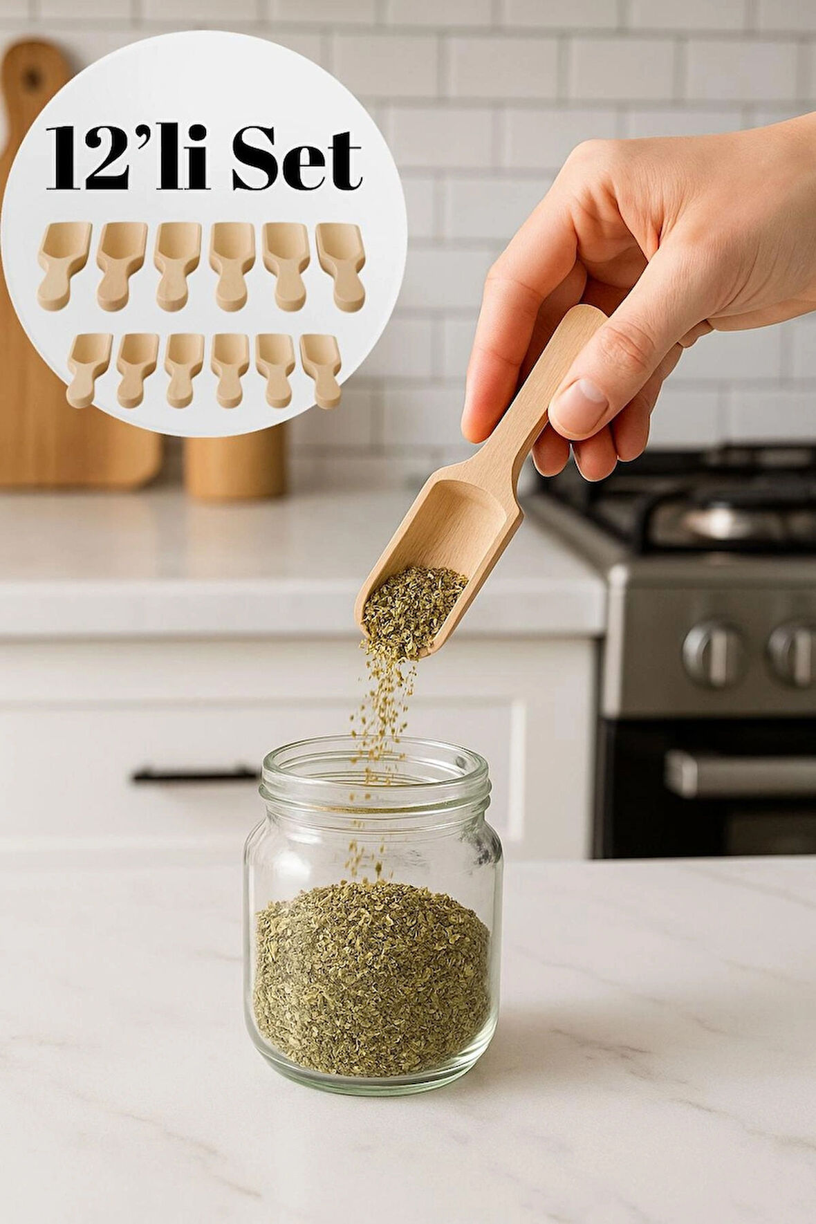 12’li 8 cm Bambu Baharat Küreği Seti – Baharat, Şeker, Kahve Ölçü Kaşığı