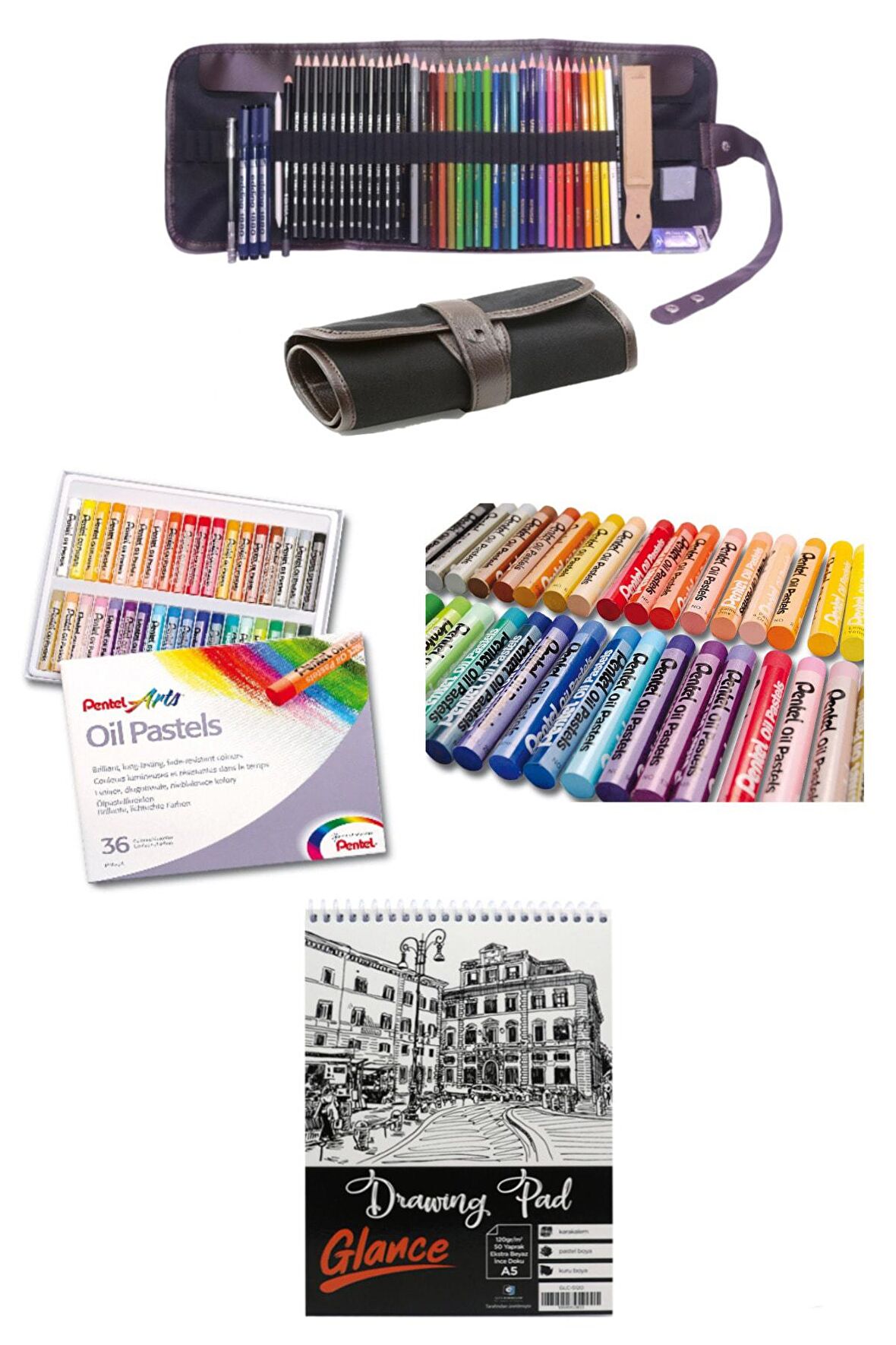 A5 Eskiz Defterli Cretacolor Dereceli Kalem Studioline Derwent Colour Thin Pentel 36'lı Rulo Çanta