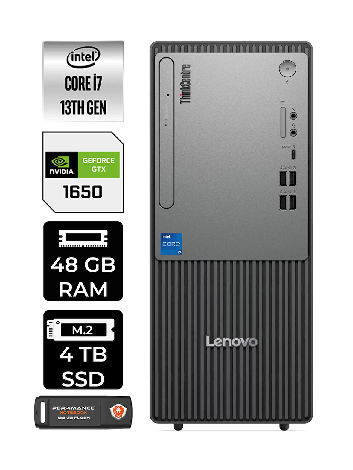 Lenovo ThinkCentre Neo 50T G5 i7 13700 48GB 4TB SSD GTX1650/4GB FDOS Masaüstü Bilgisayar &PER4 USB