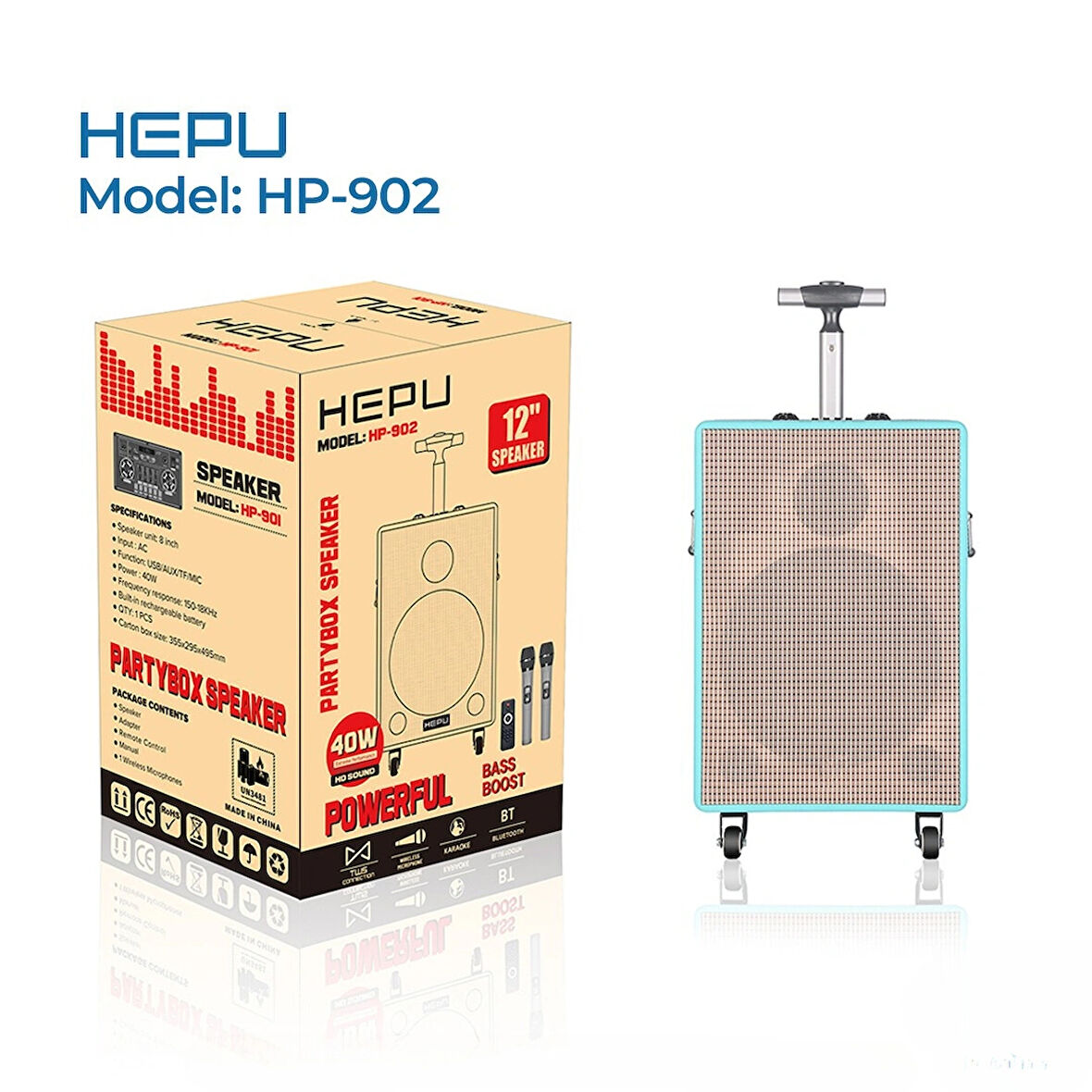 HEPU HP 902 Taşınabilir 40w Rms Bluetooth Hoparlör 12 inc Woofer Usb,Aux,Tf 2 Adet Kablosuz Mikrofon