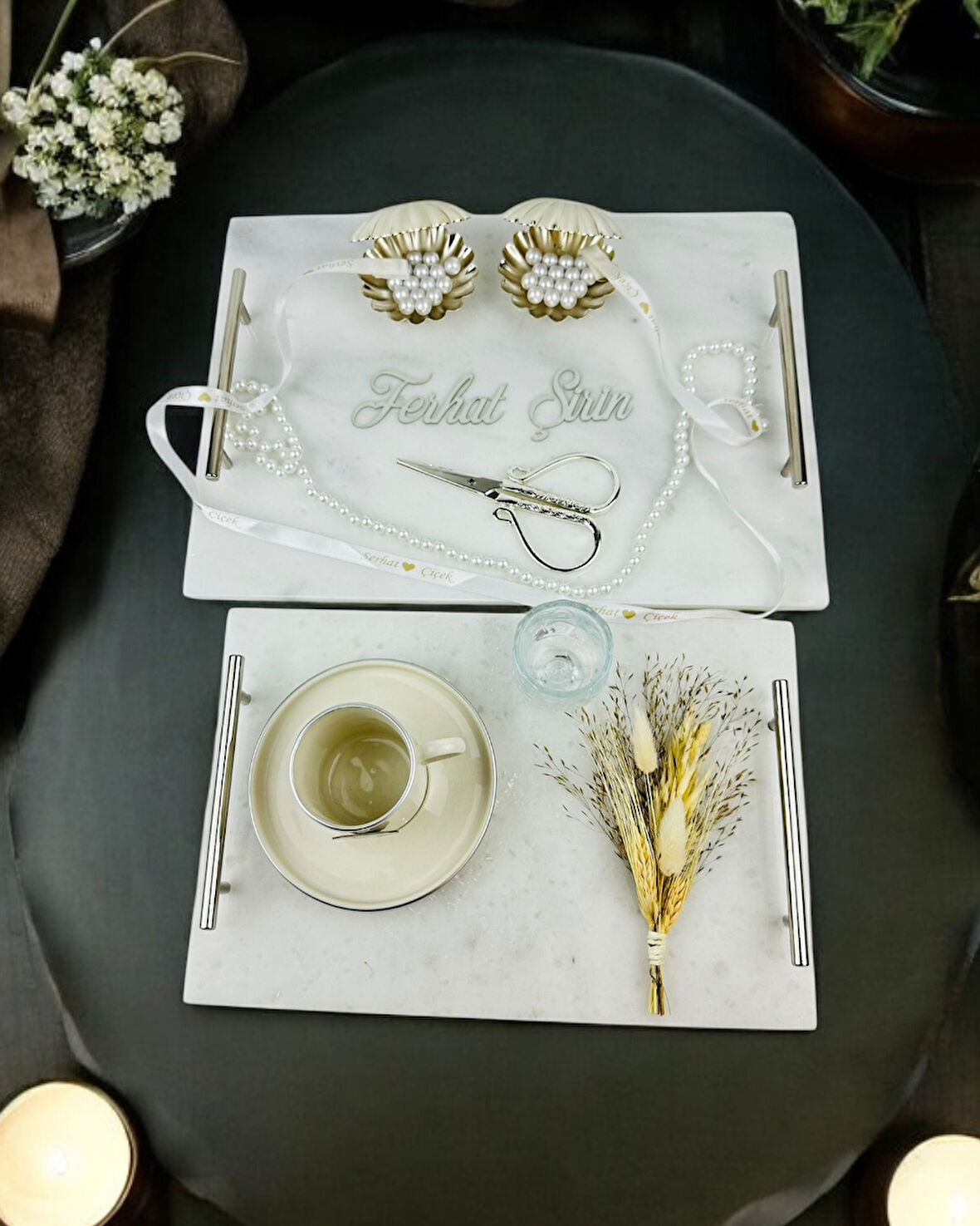 Gümüş Mermer Söz Tepsisi ve Damat Kahve Fincan Tepsisi