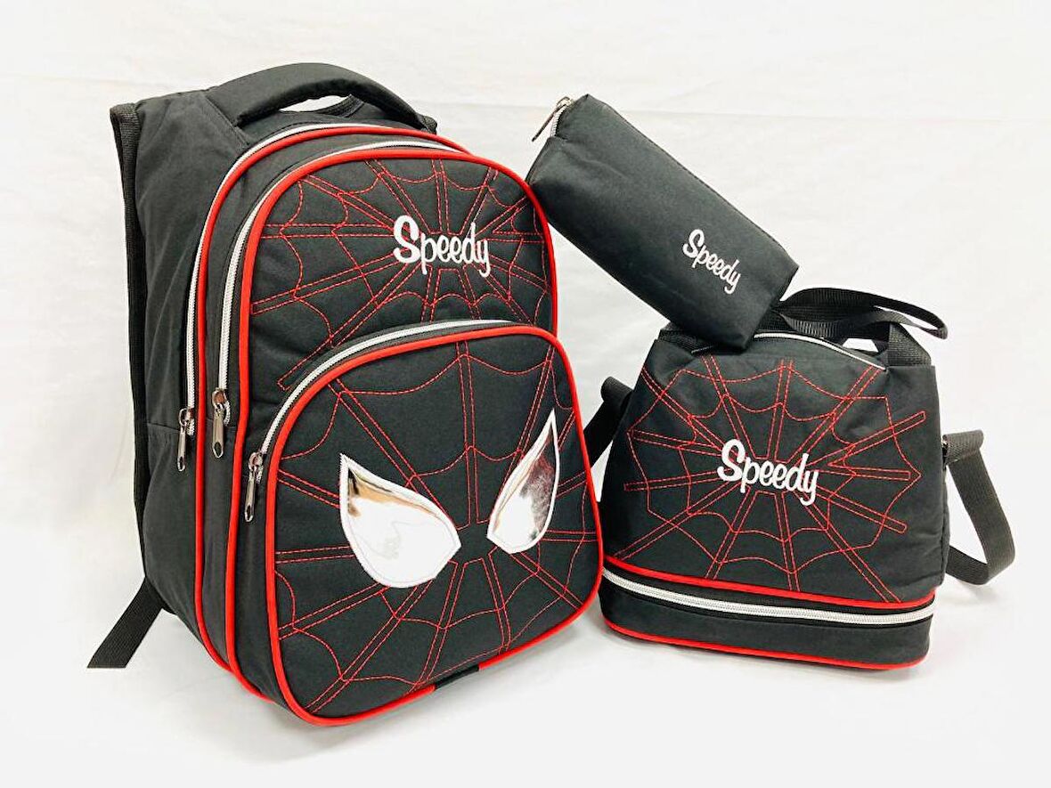 DZC KUZENLER AVM Erkek Kırmızı Örümcek Adam Ortopedik Ilk Okul Çantası Beslenme Çantası ve Kalemlik