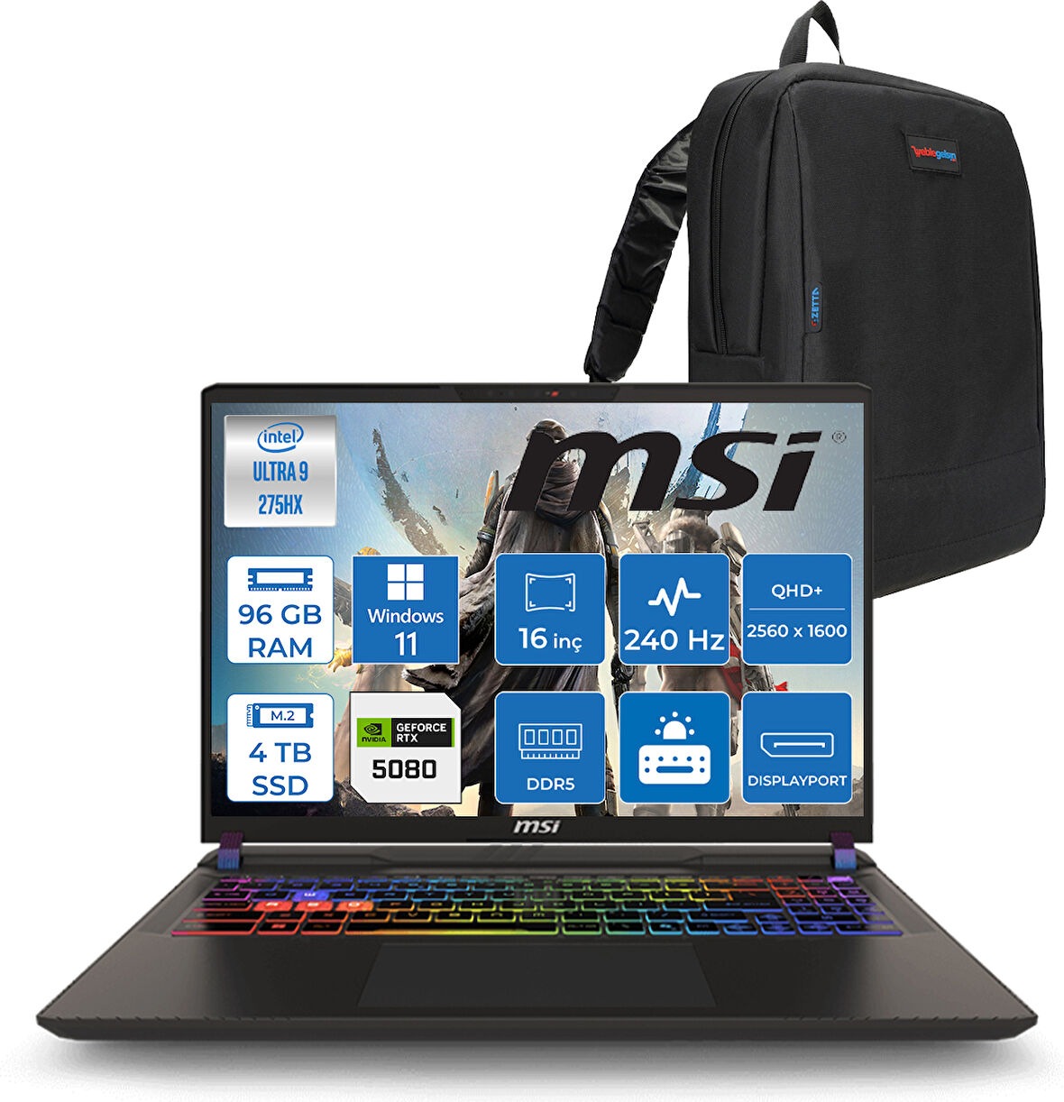 Msı Vector 16 Intel Core Ultra 9 275HX 96GB 4tb SSD RTX5080 16GB Tdp 175W Gddr7 Windows 11 Pro 16" Qhd+ 240Hz Taşınabilir Bilgisayar A2XWIG090XTRP39 + Zetta Çanta