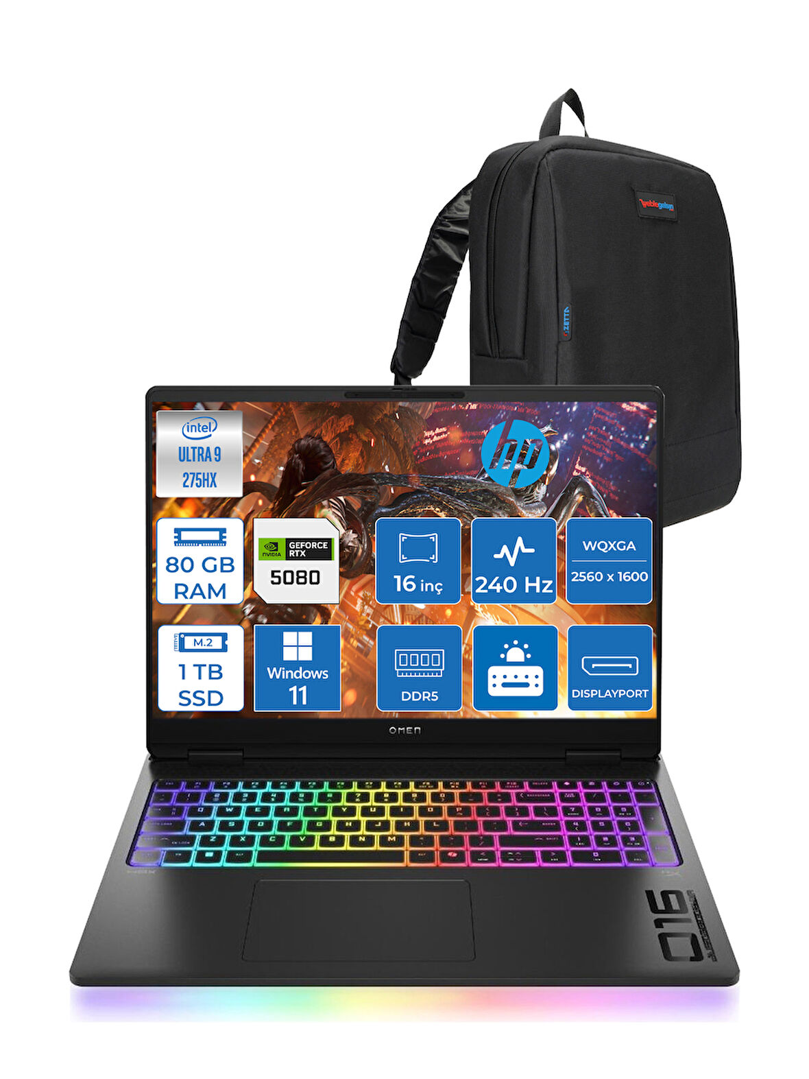 Hp Omen Max 16-WAH0022NT Intel Core Ultra 9 275HX 80GB Ddr5 1tb SSD 16GB Nvıdıa RTX5080 16 Inç 3ms 500NIT Wqxga 240Hz Windows 11 Home Siyah OB88F2EAW17 + Zetta Çanta